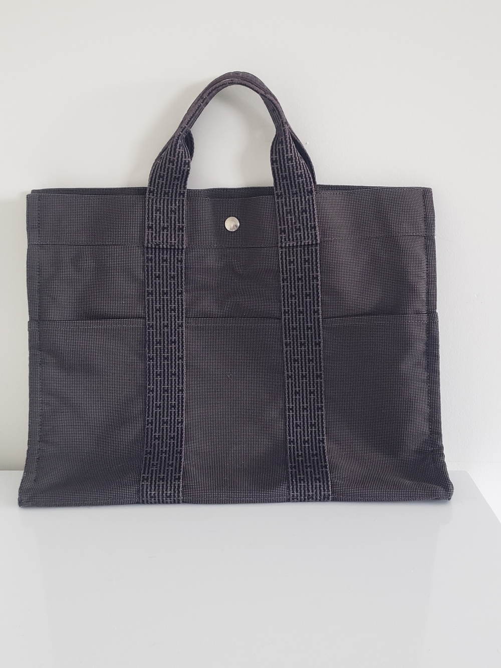 Hermes Herline Grey Canvas Tote Bag with Webbed Handles, Large - Unisex
